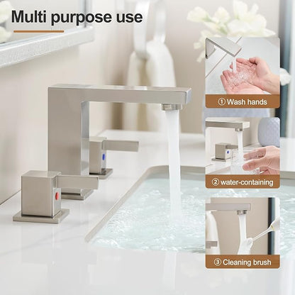 8 Inch Widespread Bathroom Faucet 3 Hole, 2 Handle Brushed Nickel Vanity Sink Faucet for Lavatory, Washbasin, Vanity, Commercial, with Deck, Pop-up Drain and cUPC Supply Hoses