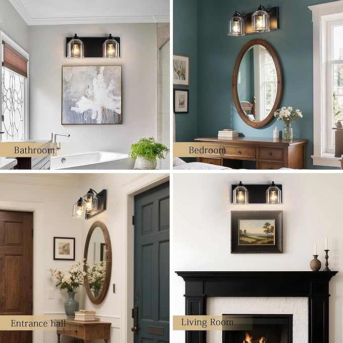 Vanity Lights for Bathroom Large 15.8", Farmhouse Rustic Vanity Light with Bubble Glass Shades, Black 2 Light Bathroom Lighting Fixtures Over Mirror, Bath Wall Sconce Home Decor