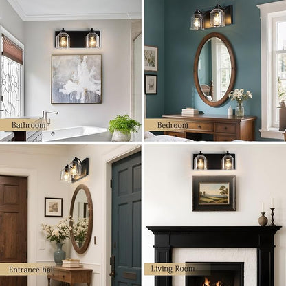 Vanity Lights for Bathroom Large 15.8", Farmhouse Rustic Vanity Light with Bubble Glass Shades, Black 2 Light Bathroom Lighting Fixtures Over Mirror, Bath Wall Sconce Home Decor