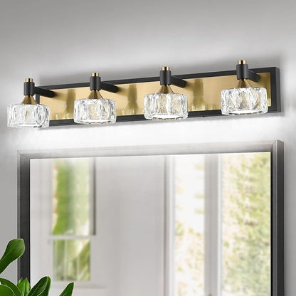 4 Light Bathroom Vanity Light, Dimmable Crystal Modern Bathroom Light Fixtures Over Mirror, Gold and Black Modern Vanity Light, Elegant Water Ripple Wall Sconce Lights