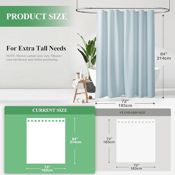 Extra Long Waffle Shower Curtain 256 GSM Fabric 72"x84" Fog Blue | 84 Inch Long, Thick Cloth, Weighted Hem, Water Repellent, Tall Hotel Luxury Polyester Shower Curtains for Bathroom 12 Hooks