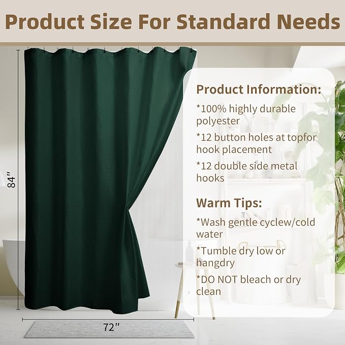 Siiluminisoy Shower Curtain and Liner Set, Waffle Shower Curtain Set with 12 Stainless Steel Hooks, Waterproof Luxury Fabric Shower Curtains for Bathroom and Hotel, Dark Green, 72" W x 84" H