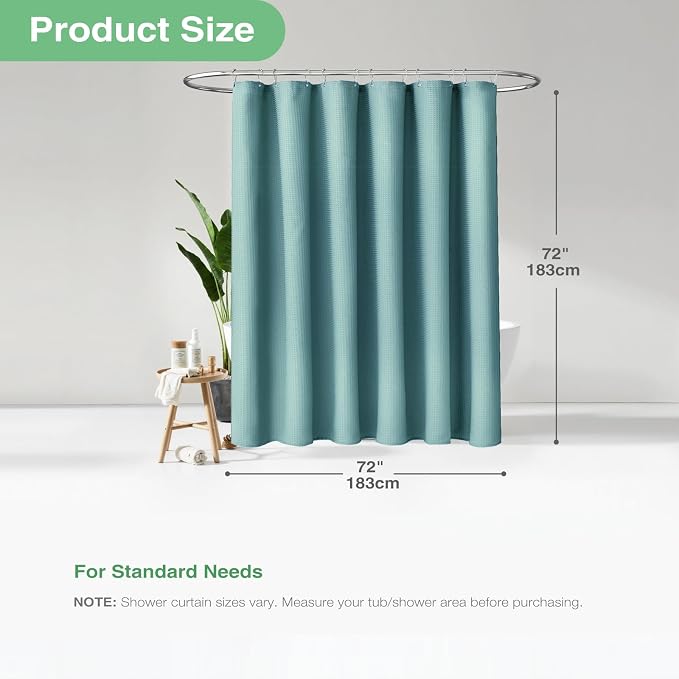 Waffle Shower Curtain 256 GSM Heavy Fabric 72"x72" Teal/Turquoise | Thick Textured Cloth, Weighted Hem, Water Repellent Washable, Hotel Luxury Polyester Shower Curtain Set for Bathroom 12 Hooks
