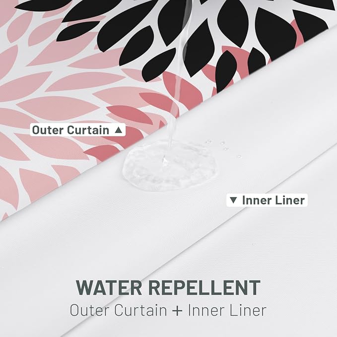 No Hook Floral Shower Curtain with Liner, Pink Grey, 71x74 | Snap in Liner, 3 in 1, Water Repellent, Easy Install, Machine Washable, Hotel Style for Bathroom, Watercolor Pattern