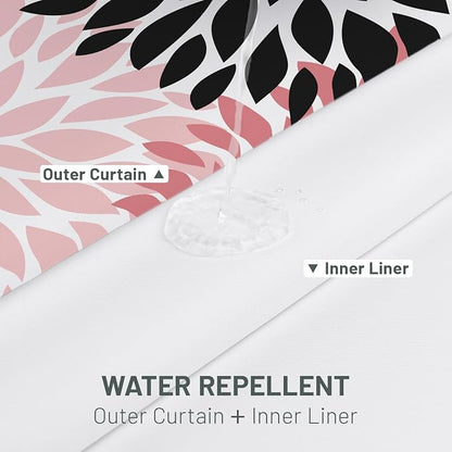 No Hook Floral Shower Curtain with Liner, Pink Grey, 71x74 | Snap in Liner, 3 in 1, Water Repellent, Easy Install, Machine Washable, Hotel Style for Bathroom, Watercolor Pattern