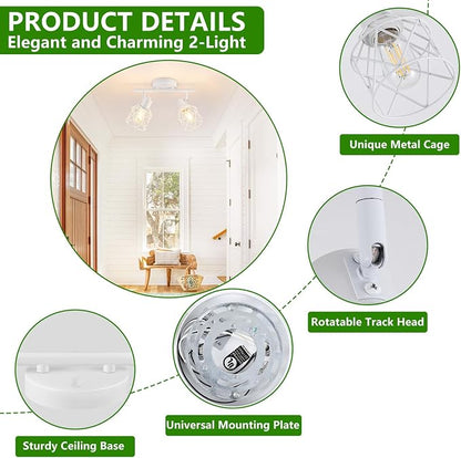 Baocuz 2-Lights White Kitchen Track Lighting, Adjustable Multi-Directional Ceiling Light Fixtures, Rotatable Farmhouse Light Fixtures Mount with Metal Cage for Dining Room, Living Room, Bedroom