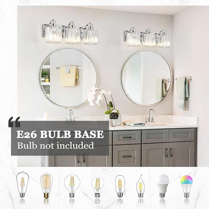 3-Light Modern Bathroom Light Fixture Chrome Vanity Lights Over Mirror Wall Sconce Lighting with K9 Crystal Shades Bathroom Wall Lamp E26 Base for Bedroom, Living Room, Hallway, Cabinet