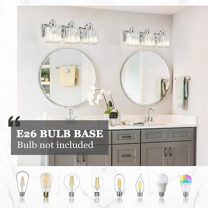 3-Light Modern Bathroom Light Fixture Chrome Vanity Lights Over Mirror Wall Sconce Lighting with K9 Crystal Shades Bathroom Wall Lamp E26 Base for Bedroom, Living Room, Hallway, Cabinet