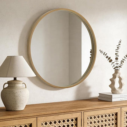 Round Wood Mirror, 32" Round Modern Decoration Large Circle Wall Mirror for Bathroom Living Room Bedroom Entryway, Natural