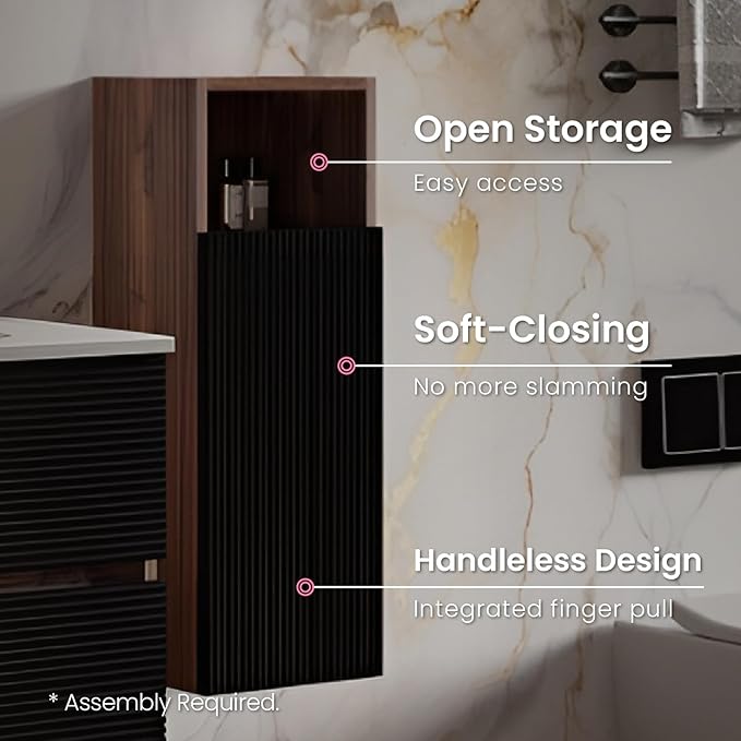 12" Bathroom Side Cabinet, Modern Striped Storage Cabinet with Soft-Closing Door & Open Shelf, Large Storage for Small Bathroom, Apartment, Hotel, Walnut+Black
