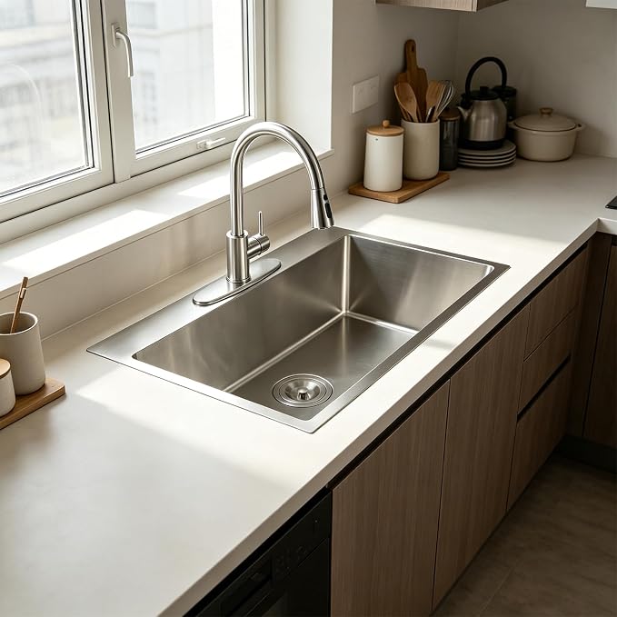 VAPSINT 22x18 Inch Drop In Kitchen Sink, 22 Inch 16 Gauge T304 Stainless Steel Topmount Small Kitchen Bar Sink, Handmade Single Bowl Outdoor RV Laundry Utility Prep Sink with Basket Strainer
