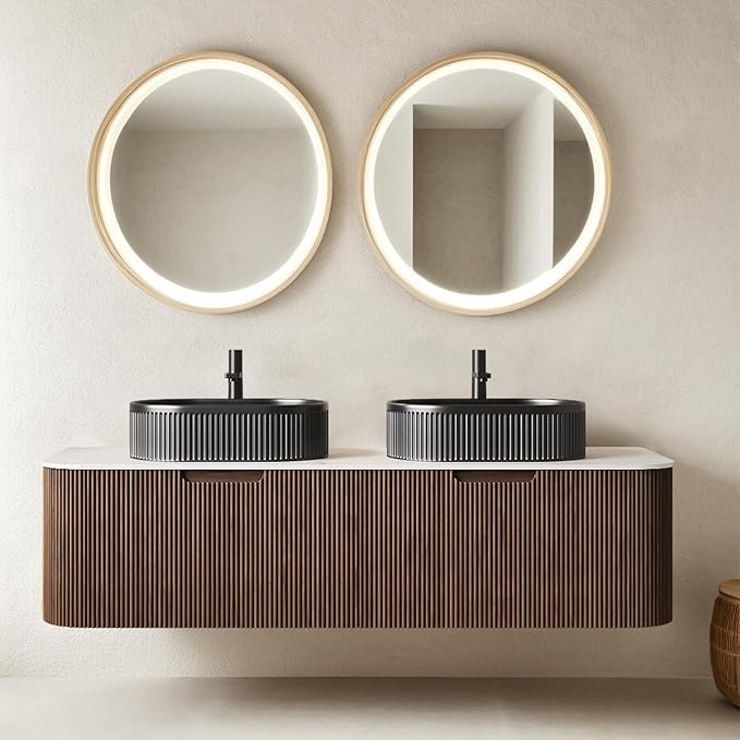 60" Floating Bathroom Vanity with Sink, Wall-Mount Cabinet with 2 Large Storage Drawer, 2 Black Oval Bathroom Ceramic Basins and Marble Top, Soft-Close Design, Dark Walnut