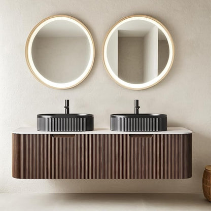 60" Floating Bathroom Vanity with Sink, Wall-Mount Cabinet with 2 Large Storage Drawer, 2 Black Oval Bathroom Ceramic Basins and Marble Top, Soft-Close Design, Dark Walnut