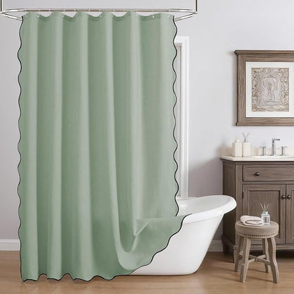 Linen Scallop Shower Curtain with 12 Hooks, Waterproof, 72x84, Sage Green | Cute Washable Heavy Duty Thick Fabric with Black Border, Neutral Modern Farmhouse Boho Décor