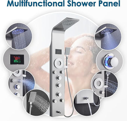 ROVOGO Shower Panel Tower System Unibody Design, Rain Mist Shower, Body Jets, Handheld and Tub Spout, No Battery Needed Led Lights and Temp Display, Shower Column 304 Stainless Steel Brushed