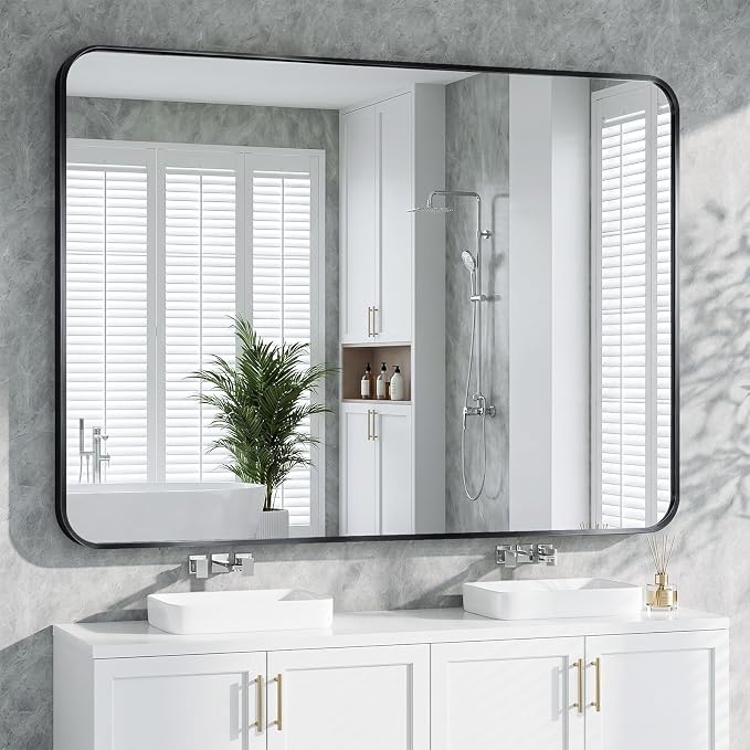 Bathroom Mirror 40"x55" Matte Black Rectangle Bathroom Wall Mirror for Over Sink, Modern Large Vanity Mirror, HD Tempered Glass, Anti-Rust Aluminum Alloy Frame, for Living Room, Bedroom, Entryway