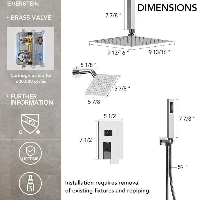 10" High-Pressure Rainfall Shower Faucet, Celling Mount Dual Shower Head System, Polished Chrome