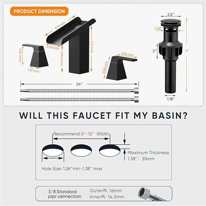 Matte Black Bathroom Faucet 3 Holes Two Handles Lavatory Vanity Sink Faucet Widespread 8 Inch Waterfall with Supply Hoses Stainless Steel