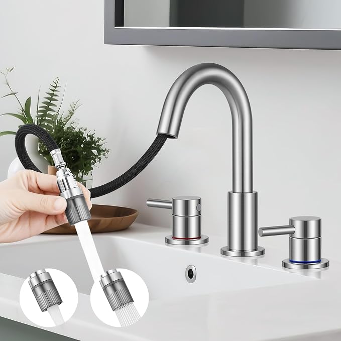 8 Inch 3 Hole Brushed Nickle Pull Down Bathroom Sink Faucet | Stainless Steel,Two Water Flow Modes,Brushed Nickle,3 hole Widespread,Pop-up Drain,Water Supply Hoses,Pull Down Sprayer,