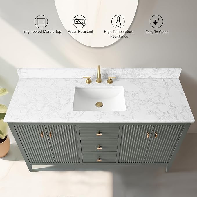 Vanity Art 60 inch Bathroom Vanity with Single Sink & Ceramic Top, Vanity Cabinet with Soft-Closing Door, Solid Wood Frame, Linear Pattern, Vintage Green, VA9160-SVG-MB,Matte Black Handles