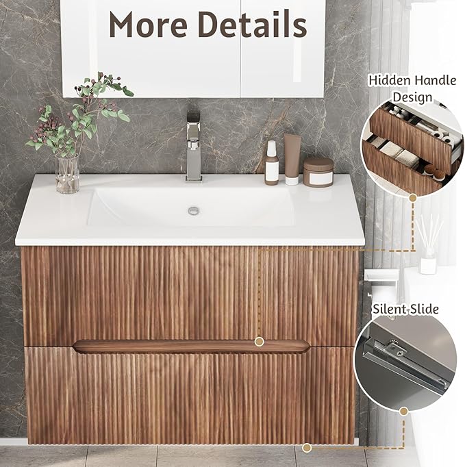 EROMMY 30 Inch Bathroom Vanity with Sink, Floating Bathroom Vanity with Ceramic Basin, Wall Mounted Bathroom Sink Cabinet Set with 2 Soft-Close Drawers, Faucet & Pop Up Drain, Walnut