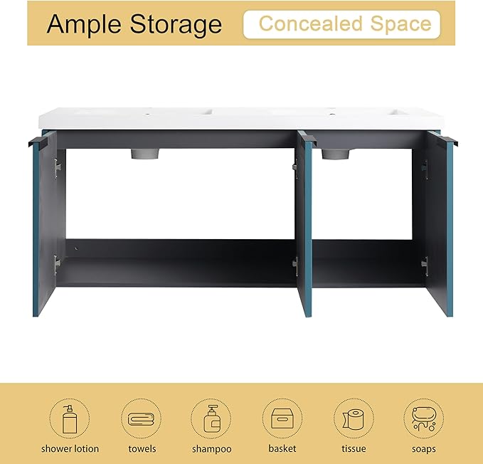 Malwee 48" Bathroom Vanity with Sink, 48 inch Double Sink Floating Vanity, Wall Mounted Bathroom Basin Cabinet Combo, Modern Lake Blue Bath Vanity Cabinet Set with Storage(MA10348DLBE)