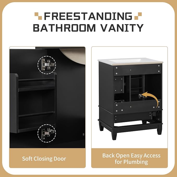 Bathroom Vanity with Ceramic Sink 24 Inch, Cabinet with One Door and Three Drawers, Soft-Closing Door, Solid Wood Legs, Black