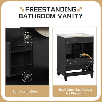 Bathroom Vanity with Ceramic Sink 24 Inch, Cabinet with One Door and Three Drawers, Soft-Closing Door, Solid Wood Legs, Black