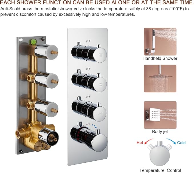 MONDAWE 12 In Thermostatic Shower System, Ceiling Mounted High Pressure Shower Head with Handheld,6 Body Jets, Bathroom Shower Faucet Set in Chrome