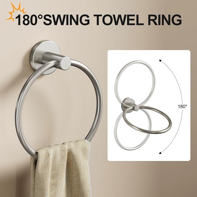 Pokim Brushed Nickel Bathroom Hardware Set - SUS304 Stainless Steel Toilet Paper Holder,Towel Ring and 2 Robe Hooks,Rustproof,Wall Mounted 4 Piece Bathroom Accessories,Easy Installation for Bathroom
