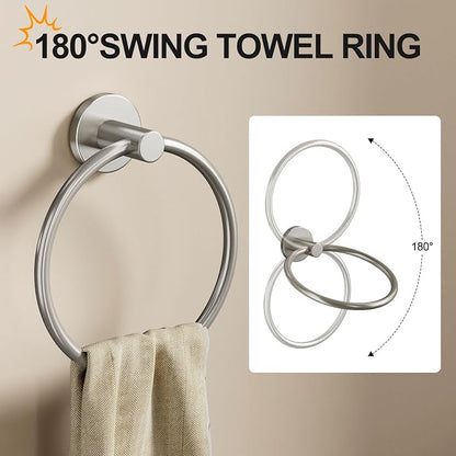 Pokim Brushed Nickel Bathroom Hardware Set - SUS304 Stainless Steel Toilet Paper Holder,Towel Ring and 2 Robe Hooks,Rustproof,Wall Mounted 4 Piece Bathroom Accessories,Easy Installation for Bathroom