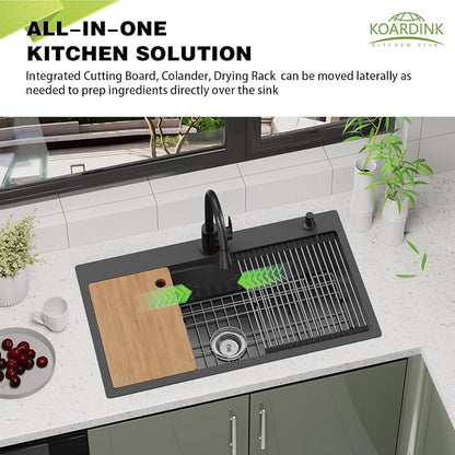 33x19In Black Drop-in Workstation Sink,Stainless Steel,Single Bowl | Modern Topmount Kitchen Sink Combo, Include Grid,Drying Rack,SS Colander,Cutting Board, Compatibility With Various Kitchen