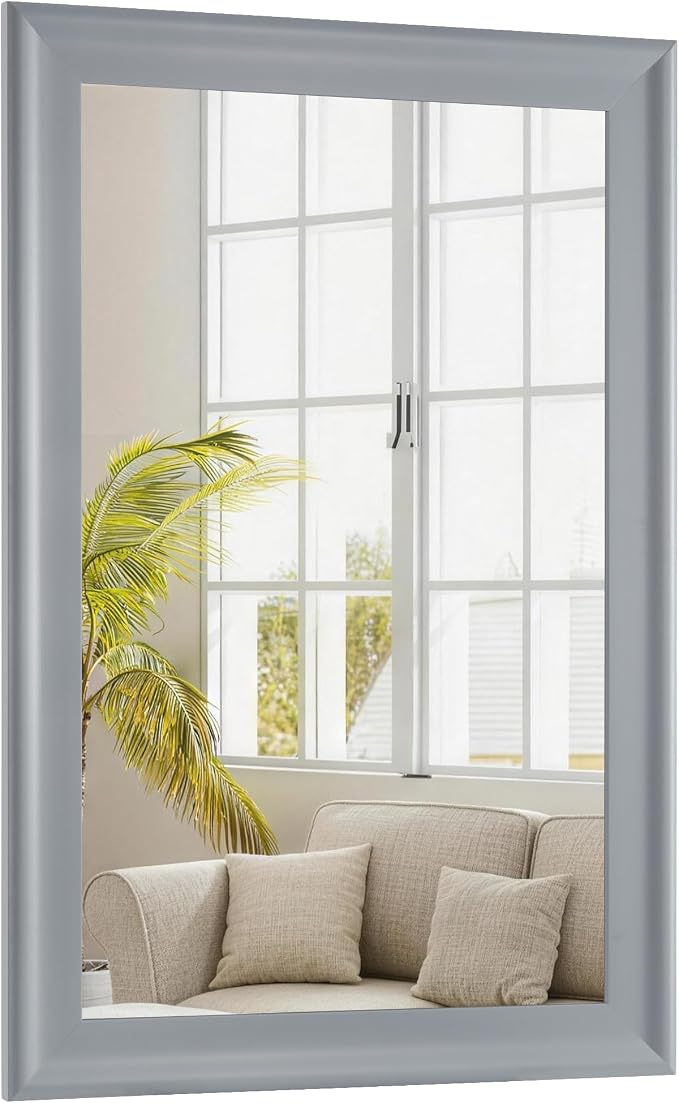 Bathroom Mirror for Wall,Rectangle Rustic Gray 24 x 36 inch Vanity Mirrors | Hanging Tempered Glass Mirror for Living Room,Bedroom,Entryway