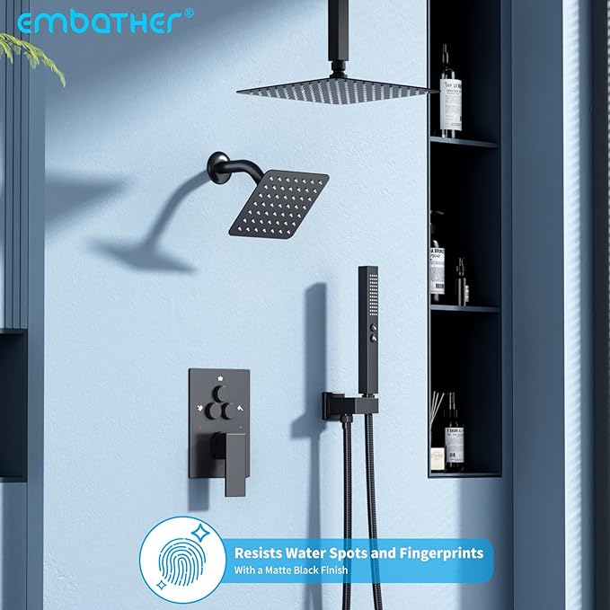 Shower Faucet Set Shower System - EMBATHER Push Button Diverter Dual Shower Faucet Valve Kit with Rainfall Ceiling Mount 10 Inch Shower Head 6 Inch Wall Mount, for Couple (Standard-10'', Matte Black)