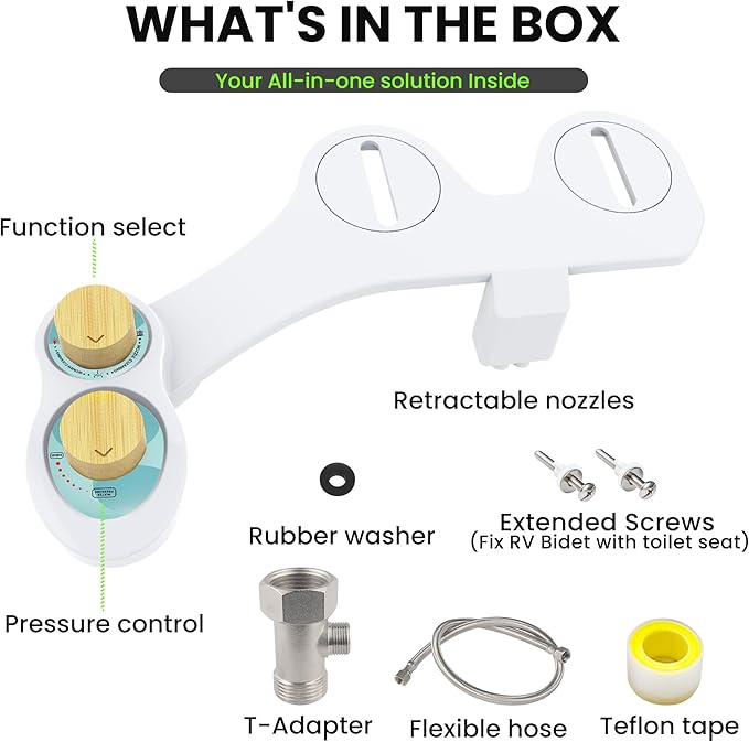 RV Bidet for Camper Toilet, Non-Electric Toilet Sprayer Attachment with Dual Nozzles, Adjustable Pressure, Front/Rear/Self Cleaning, Upgrade for Trailer, Motorhome, RV Bathroom (Bamboo Knob)