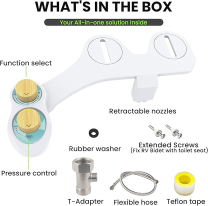 RV Bidet for Camper Toilet, Non-Electric Toilet Sprayer Attachment with Dual Nozzles, Adjustable Pressure, Front/Rear/Self Cleaning, Upgrade for Trailer, Motorhome, RV Bathroom (Bamboo Knob)