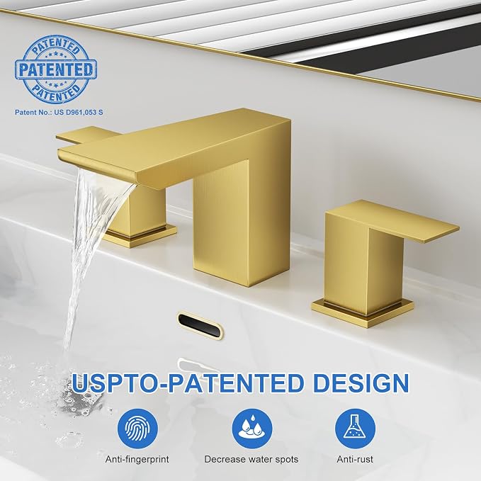 RUMOSE Bathroom Faucets 3 Hole Gold Bathroom Sink Faucet with Drain | 8 Inch Mixer Widespread Waterfall Vanity Two Handle Lavatory Bath Tap, Pop Up Drain, Stainless Steel