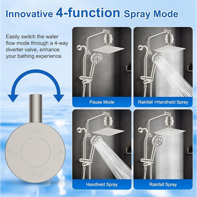 Metal 10" Filtered Rainfall Showerhead Combo, Easy Reach, Brushed Nickel | 4-Way Diverter with Pause Mode, High Pressure Shower Head with 10-Spray Handheld, 71" Hose/12" Extension Arm/Holder