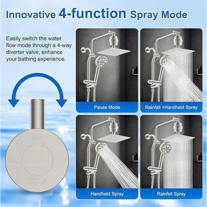 Metal 10" Filtered Rainfall Showerhead Combo, Easy Reach, Brushed Nickel | 4-Way Diverter with Pause Mode, High Pressure Shower Head with 10-Spray Handheld, 71" Hose/12" Extension Arm/Holder