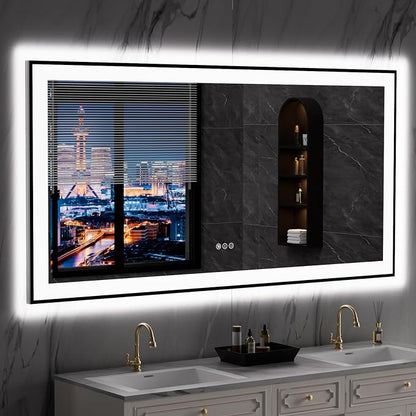 LOAAO 60"X30" LED Bathroom Mirror Black Framed | Anti-Fog, Dimmable, Memory Function, Tempered Glass, Lighted Vanity Mirror for Wall