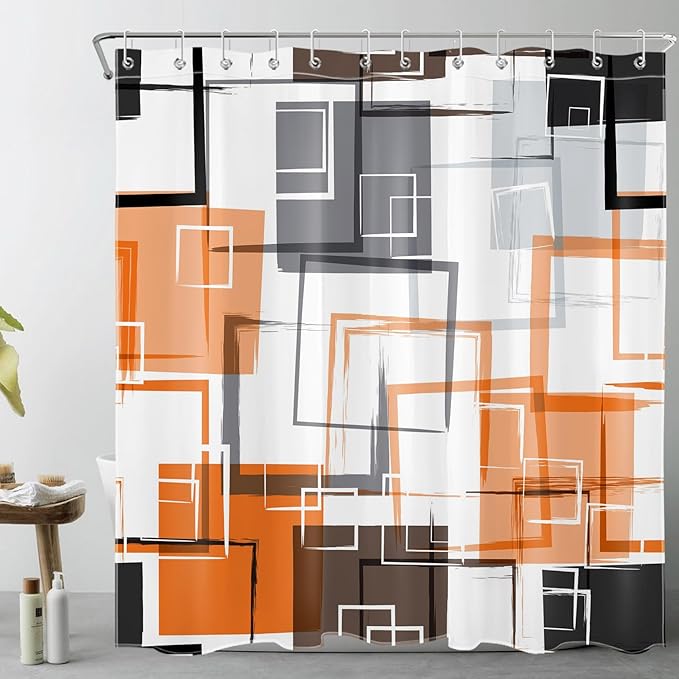 Abstract Geometric Orange Shower Curtain Sets with Rugs, Gray Black and White Geometric Textured Bathroom Curtain Polyester Fabric Bathroom Decoration Shower Curtain Set,70L X 70W Inches