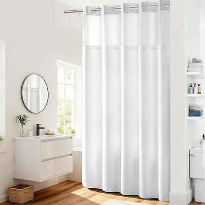 RiverDream Heavyweight Waffle No Hook Shower Curtain with Liner,White,71x98 | Dotted Waffle,Snap-in Liner,Heavy Duty,Quick Dry,Mesh Top Window,With Bottom Magnets,Hotel-Grade,Washable,Ultra Tall Size