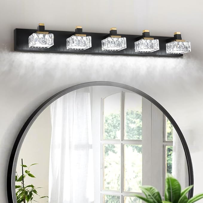 SineRise Bathroom Vanity Lights Over Mirror,5-Light Dimmable 5CCT Led Vanity Lights Black Gold Crystal Wall Sconce Lighting 40 inches Modern Vanity Light for Bathroom,Bedroom,Living Room(3000K-6000K)