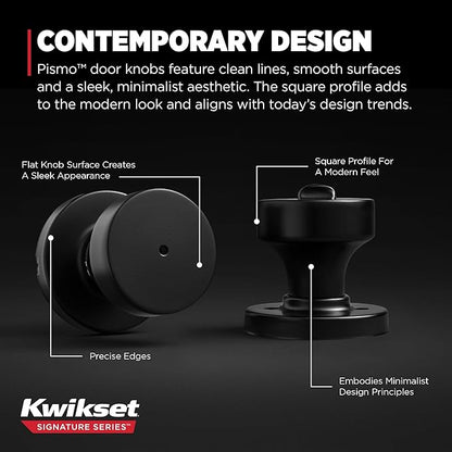 Kwikset Pismo Interior Privacy Door Knob with Lock, Door Handle For Bathroom and Bedroom, Matte Black Keyless Turn Lock Doorknob, with Microban Protection