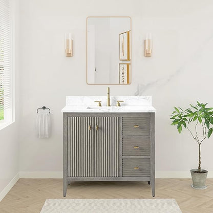 HOMEBEYOND 36" Bathroom Vanity with Sink, Solid Wood Bathroom Vanity Free-Standing Cabinet, Drawers, Ceramic Top & Soft Closing Door, Golden Brushed Handware, Driftwood Gray