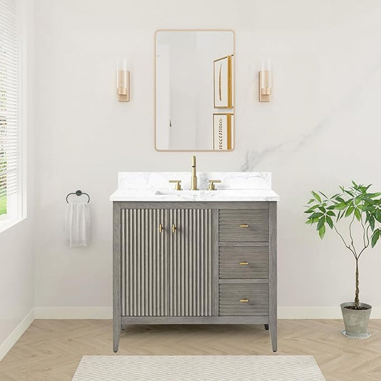 HOMEBEYOND 36" Bathroom Vanity with Sink, Solid Wood Bathroom Vanity Free-Standing Cabinet, Drawers, Ceramic Top & Soft Closing Door, Golden Brushed Handware, Driftwood Gray