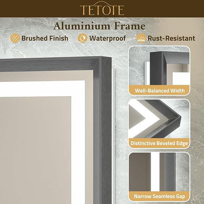 40 x 32 Led Mirror Brushed Gunmetal Gray/Off‑Black Metal Frame Frontlit & Backlit Vanity Mirror Anti-Fog Stepless Dimmable 3 Colors White/Warm/Natural Wall Mirror with Lights Wall-Mounted