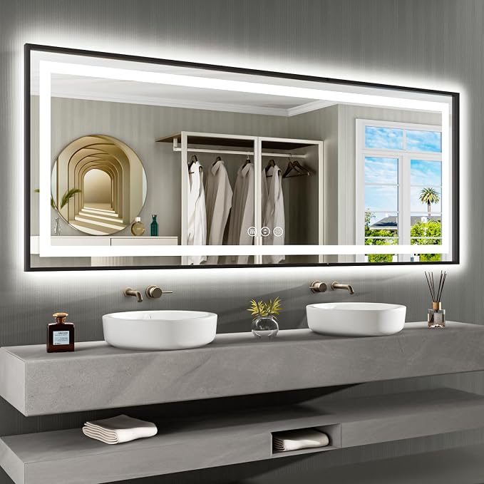 88"X38" LED Bathroom Mirror with Black Frame, Front Lit and Backlit | Metal Framed Mirror, Stepless Dimmable, HD Reflection, Anti-Fog, Shatter-Proof, Memory, 3 Colors Lighting, UL Listed.