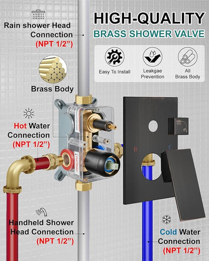 Shower Faucet Set Rainfall Shower System with Square Showerhead and Handle Set Fixture with 2 in 1 Function Handheld Sprayer Wall Mounted Trim Repair Kit Rough-in Valve 12 Inch Oil Rubbed Bronze