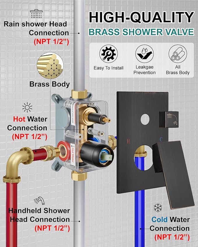 Shower Faucet Set Rainfall Shower System with Square Showerhead and Handle Set Fixture with 2 in 1 Function Handheld Sprayer Wall Mounted Trim Repair Kit Rough-in Valve 8 Inch Oil Rubbed Bronze